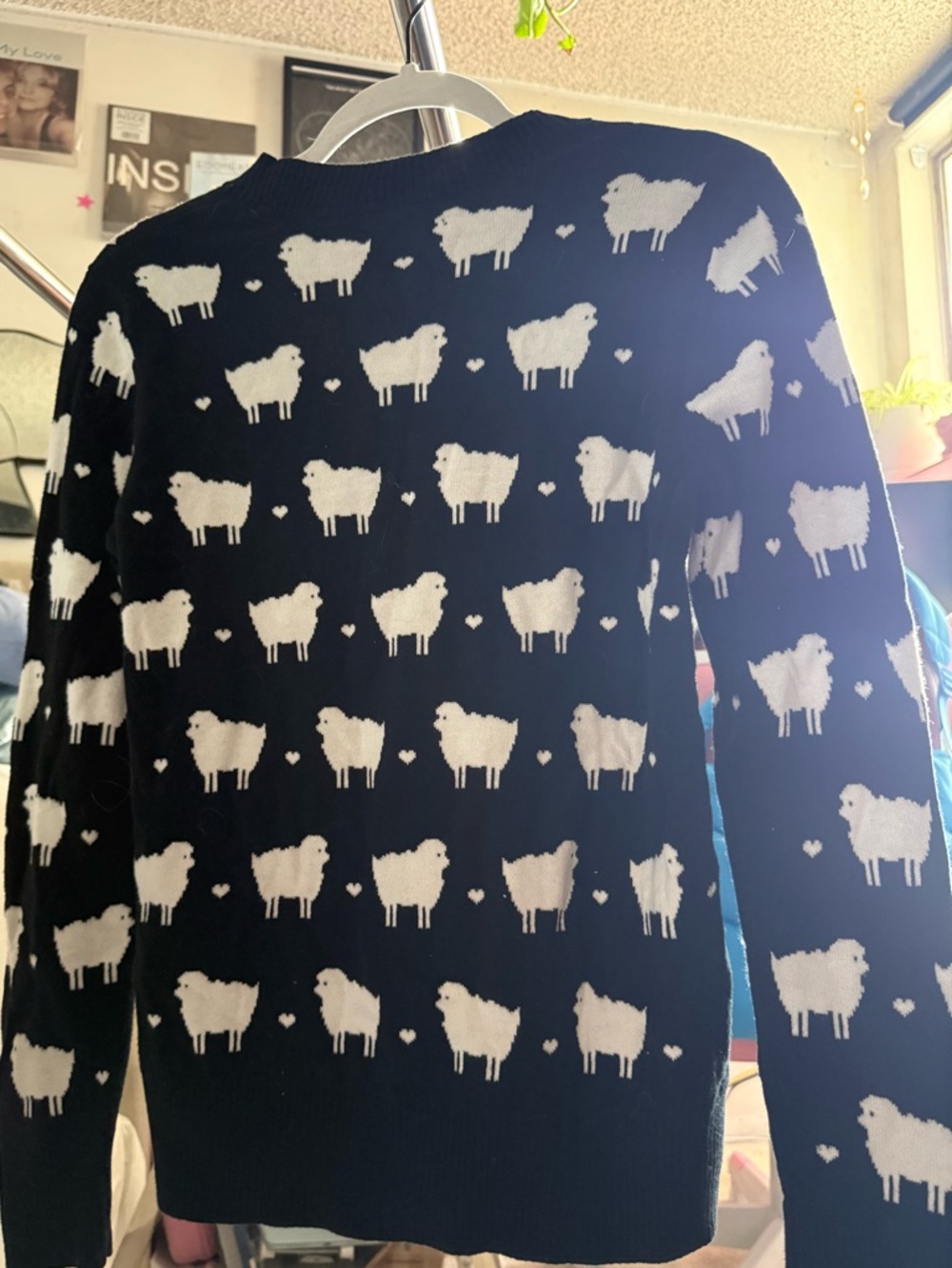 Charter Club Black Crewneck Sweater with White Sheep and Pink Accent - Picture 2 of 3